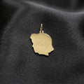A gold-colored metal pendant charm shaped like a silhouette of a person's head, engraved with the name 'Haley' in cursive, resting on a black satin fabric background.