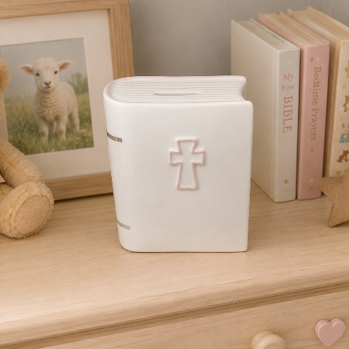 White porcelain bank with pink cross