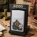 Zippo lighter with a hunting design in packaging on a rustic background