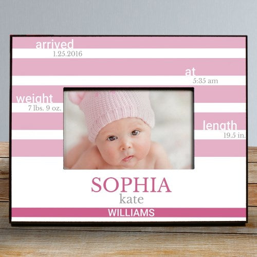 Baby photo frame with baby's name and birth statistics on a pink and white striped background