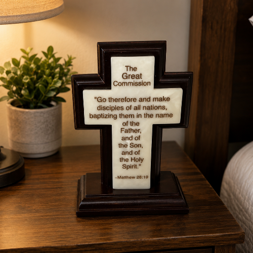 A dark wood cross-shaped plaque with a white center panel printed with the Great Commission quote from Matthew 28:19, displayed on a wooden bedside table next to a lamp and a small potted plant.