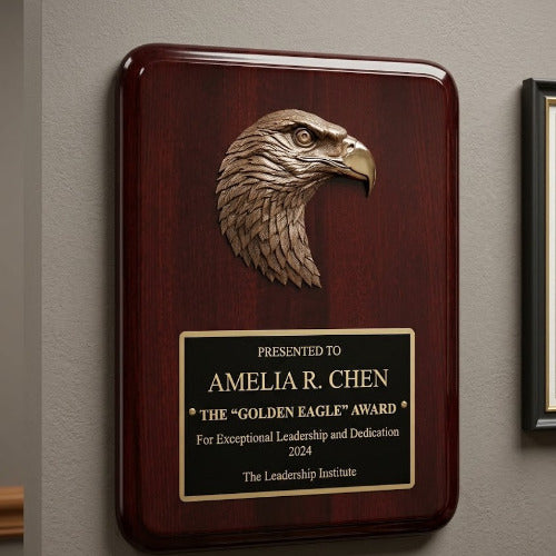 Wooden plaque with an eagle emblem and engraved text on a gray wall.