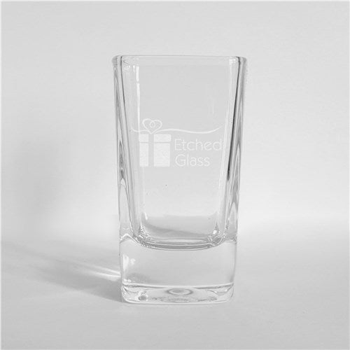 Clear glass shot glass with 'Etched Glass' branding on a light gray background